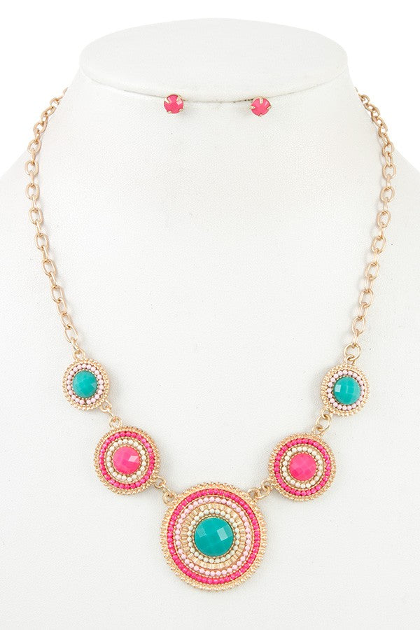 Ladies round beaded link bib necklace set