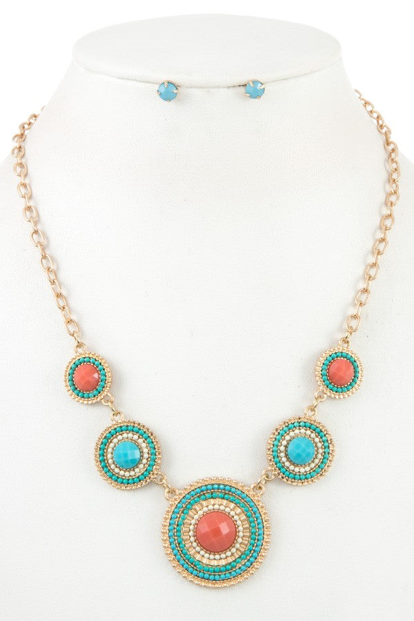 Ladies round beaded link bib necklace set