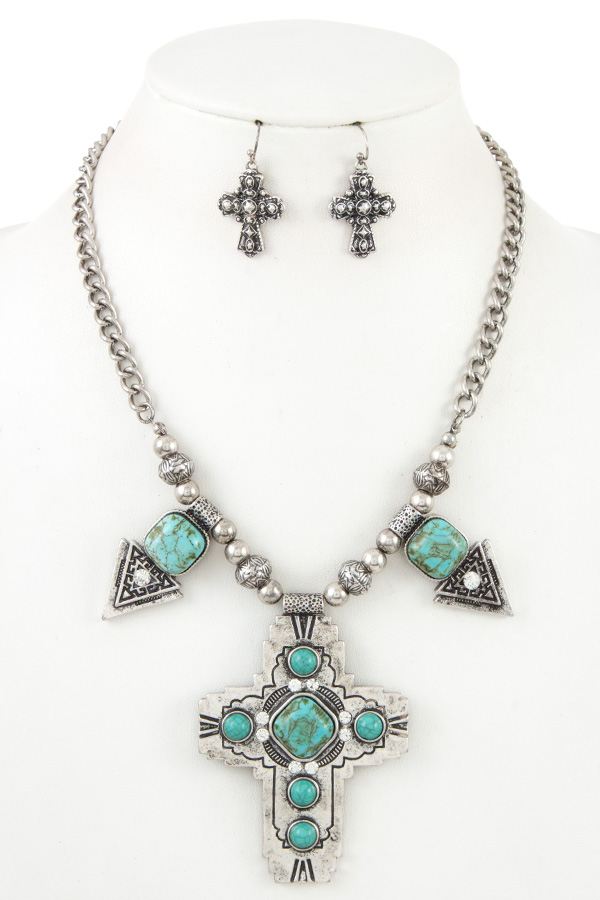 Ladies etched cross pendant faux gem necklace set