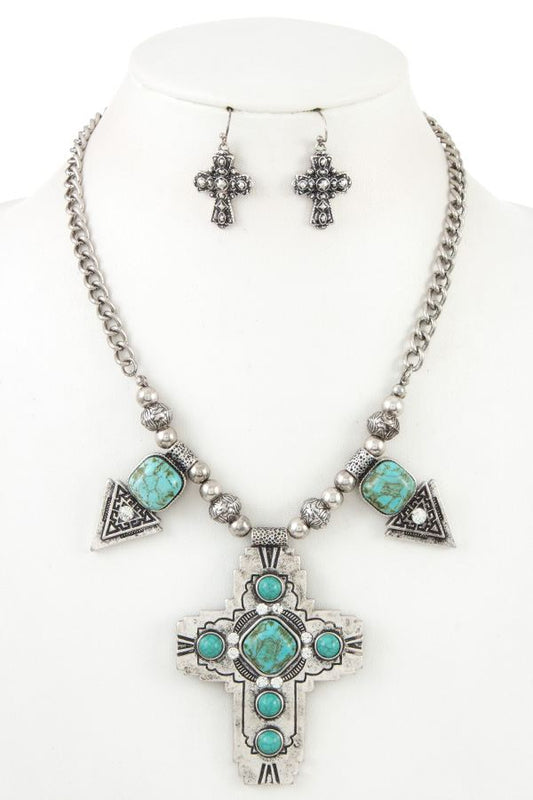 Ladies etched cross pendant faux gem necklace set