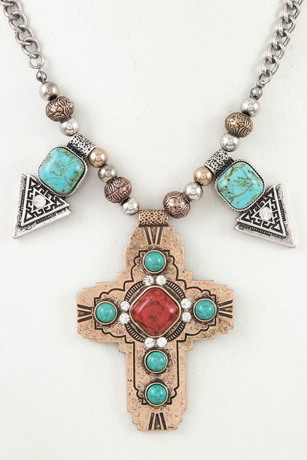 Ladies etched cross pendant faux gem necklace set