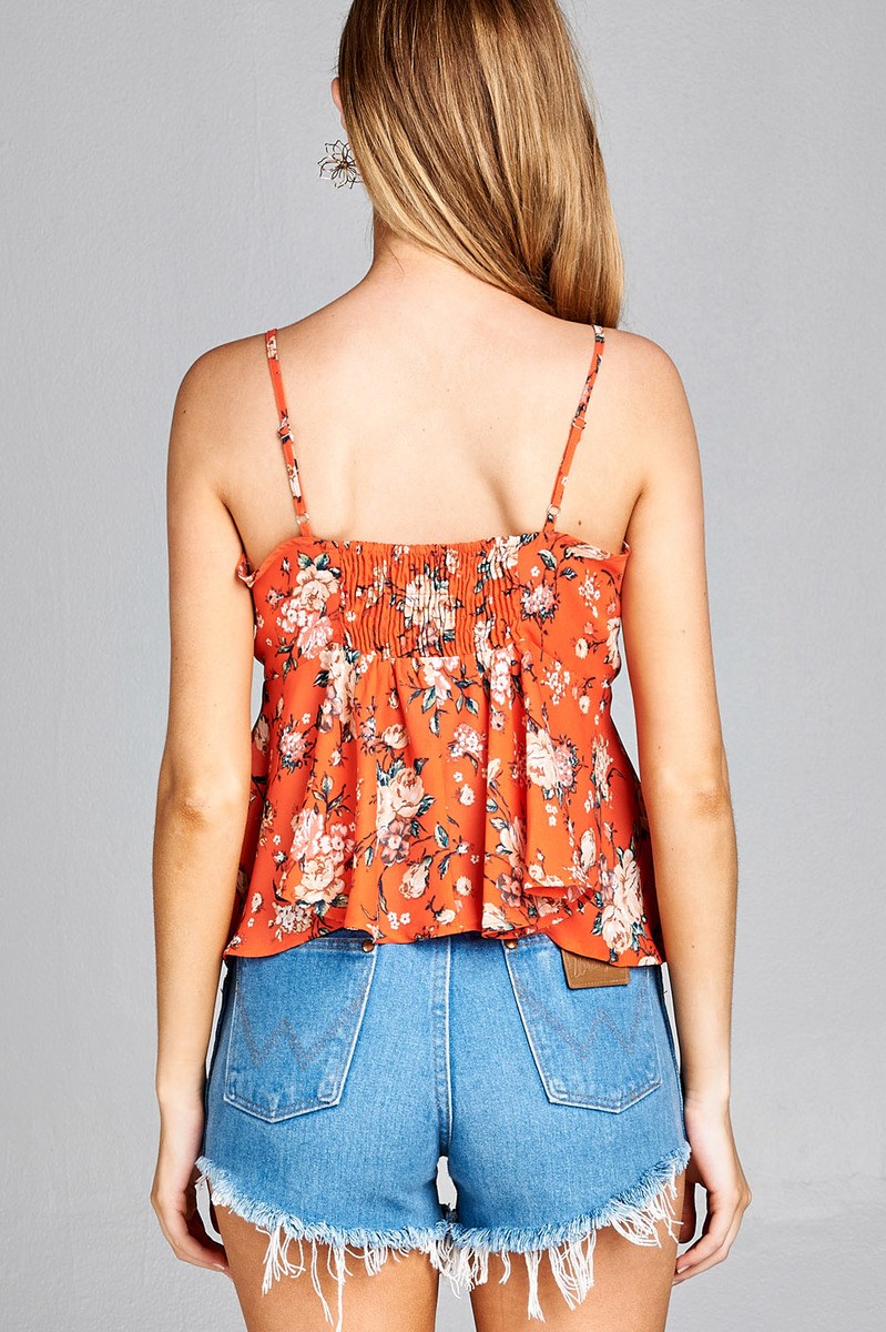 Ladies fashion plus size heart neck w/self tie detail floral print cami woven top
