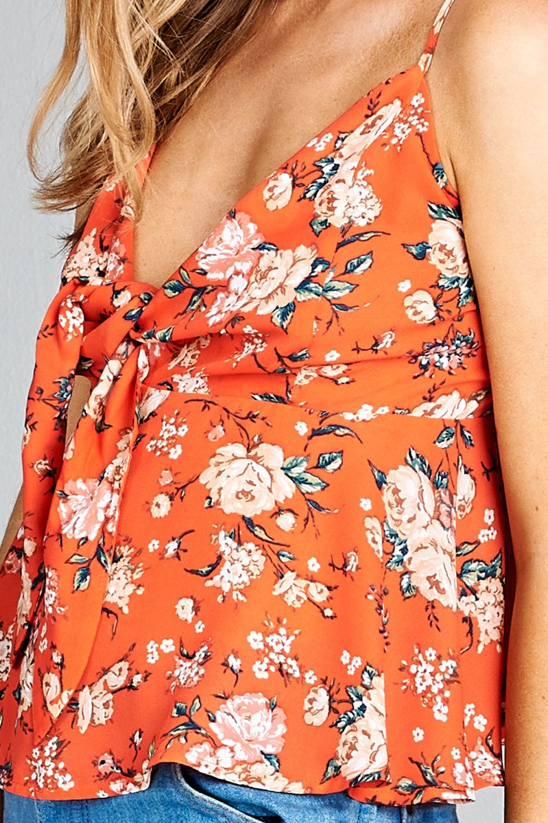 Ladies fashion plus size heart neck w/self tie detail floral print cami woven top