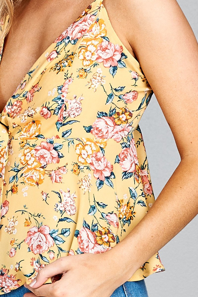 Ladies fashion plus size heart neck w/self tie detail floral print cami woven top