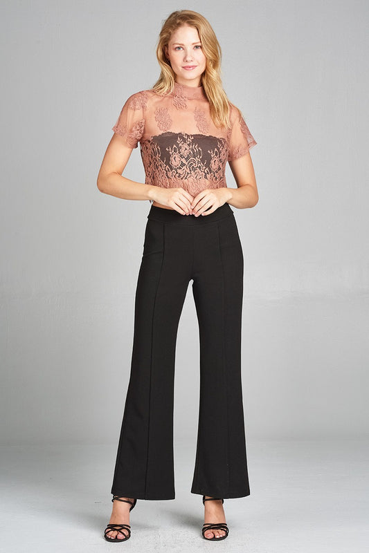Ladies fashion mock neck w/back zipper mesh lace crop top