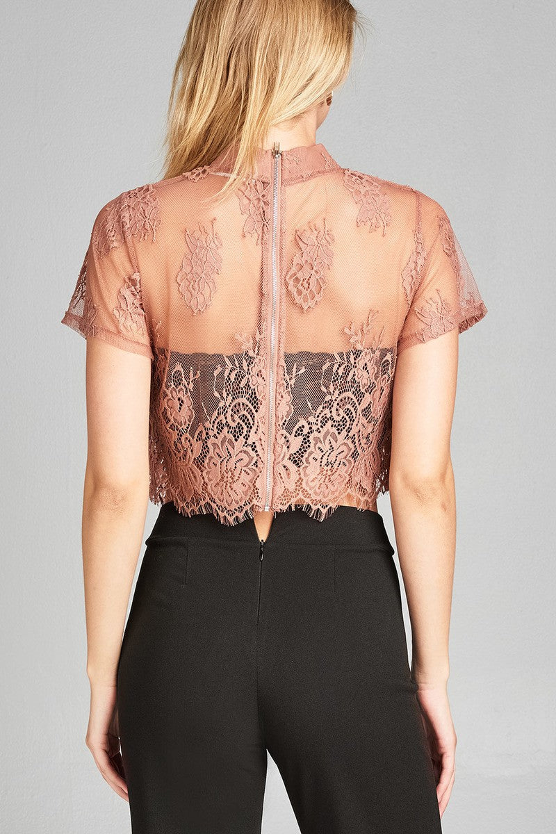 Ladies fashion mock neck w/back zipper mesh lace crop top