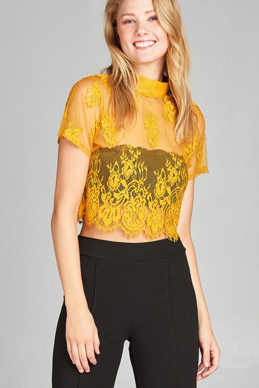 Ladies fashion mock neck w/back zipper mesh lace crop top
