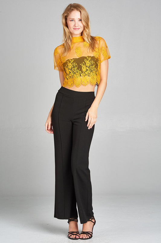 Ladies fashion mock neck w/back zipper mesh lace crop top