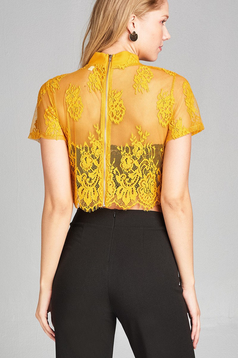 Ladies fashion mock neck w/back zipper mesh lace crop top