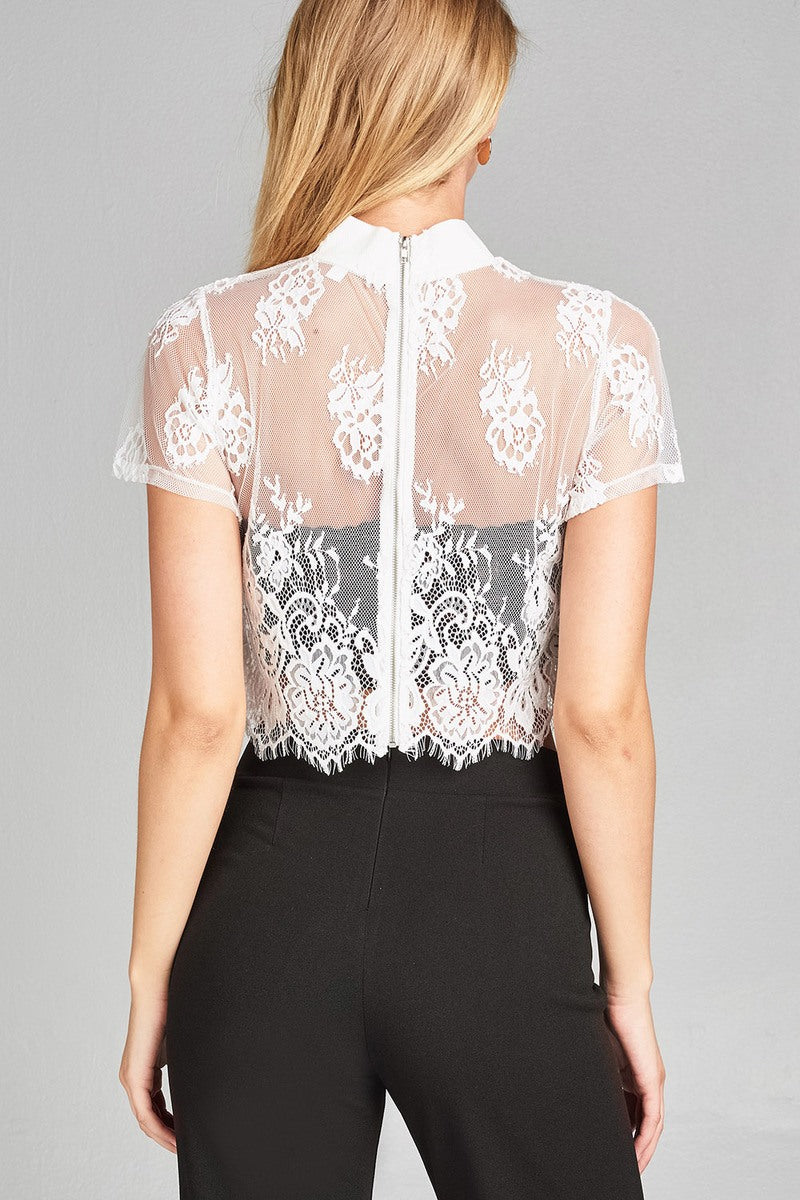 Ladies fashion mock neck w/back zipper mesh lace crop top