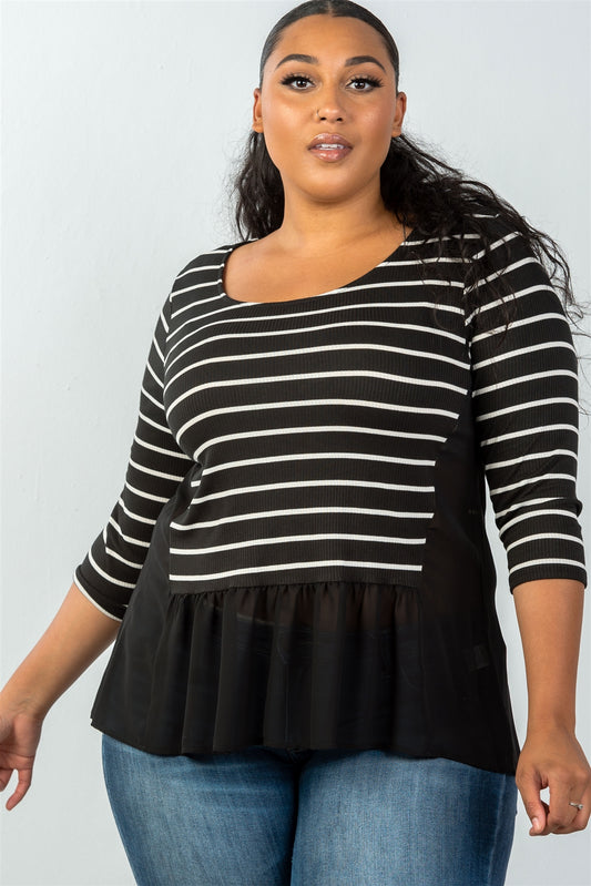 Ladies fashion plus size 3/4 sleeve stripe front top with mesh detail