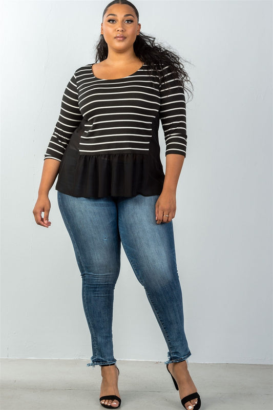 Ladies fashion plus size 3/4 sleeve stripe front top with mesh detail