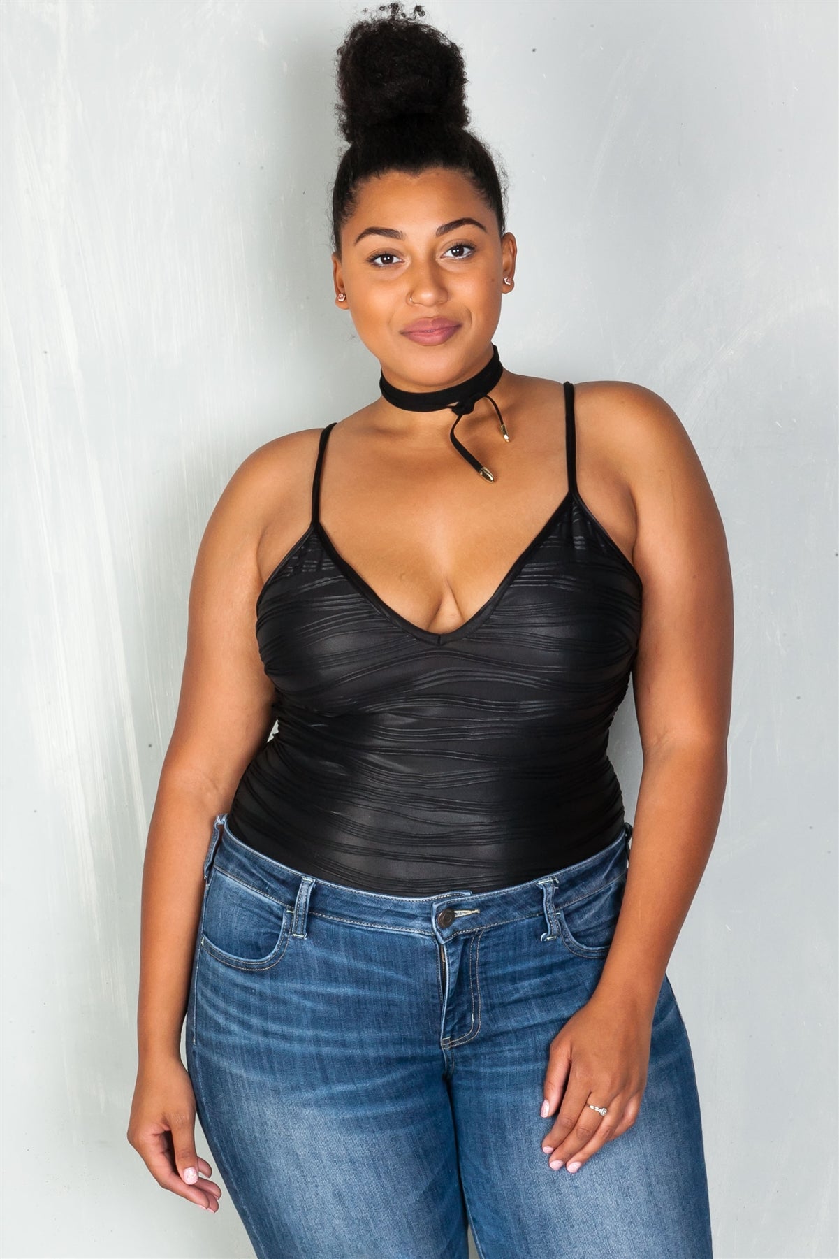 Ladies fashion plus size v neckline black textured bodysuit