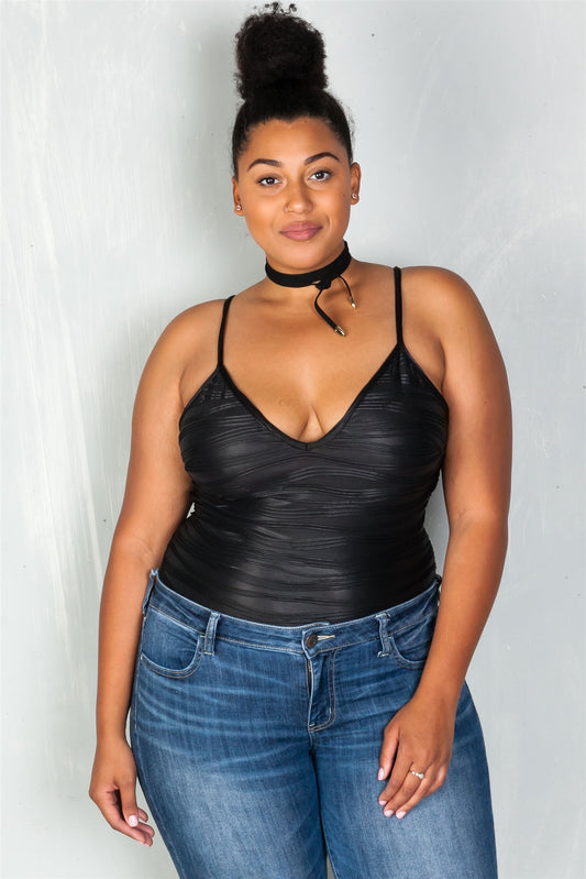 Ladies fashion plus size v neckline black textured bodysuit