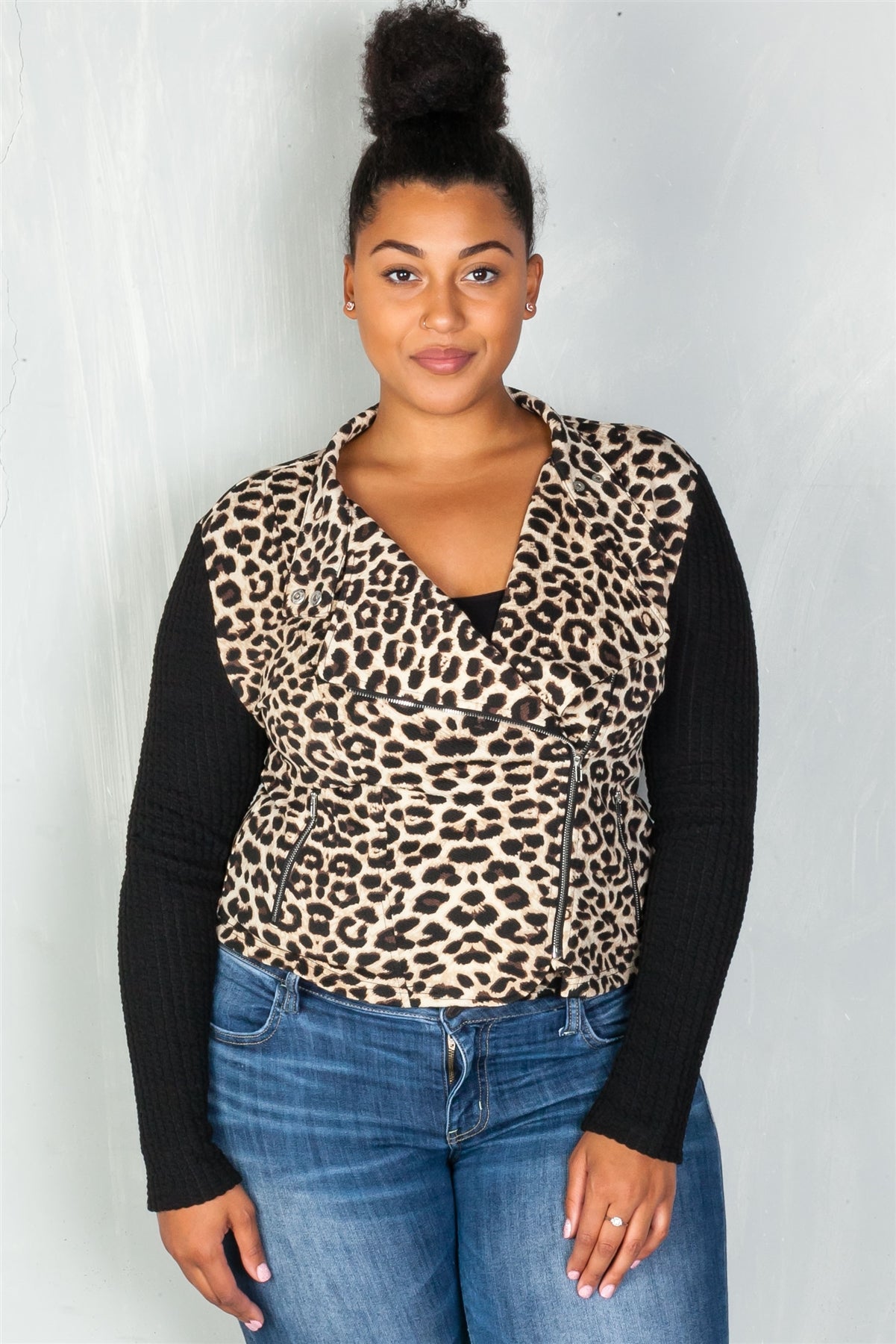 Ladies fashion plus size asymmetrical zipper and neck snap button leopard combo jacket