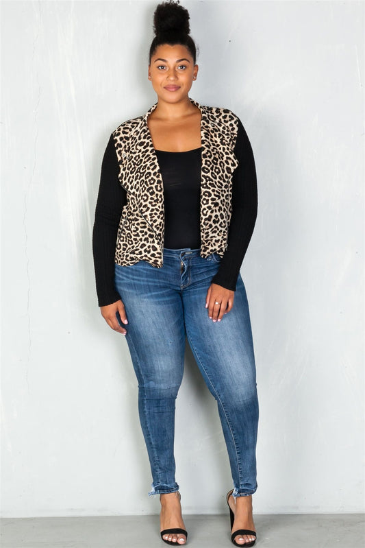 Ladies fashion plus size asymmetrical zipper and neck snap button leopard combo jacket