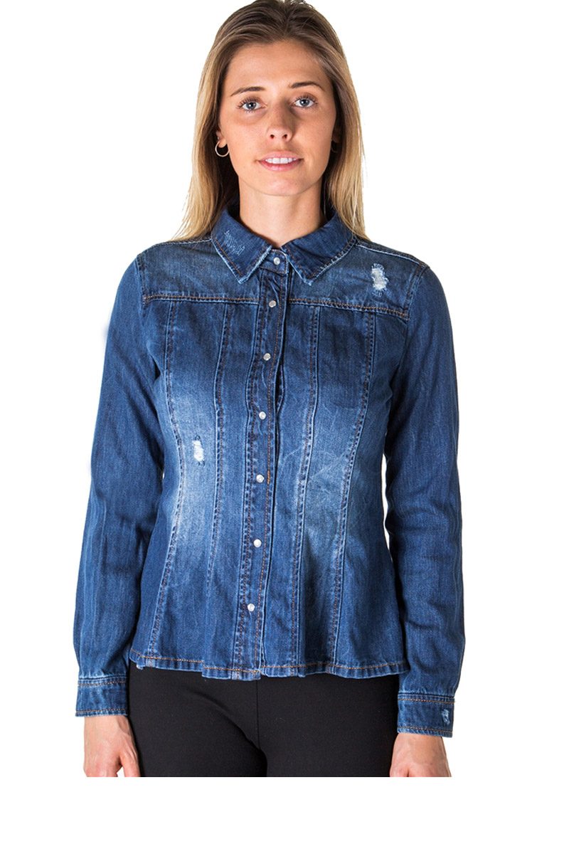 Ladies fashion distress denim shirt jacket