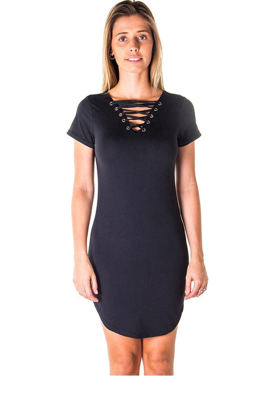 Ladies fashion round hem t shirt dress and lace up v neck