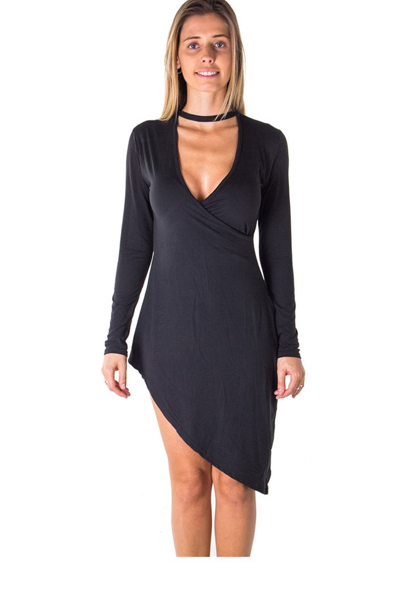Ladies fashion choker asymmetric long sleeve mini dress