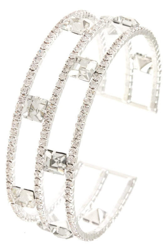 Ladies multi row rhinestone pave gem station flex bracelet