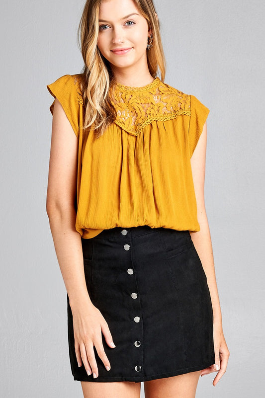Ladies fashion ruffle sleeve front lace back button w/self tie woven top