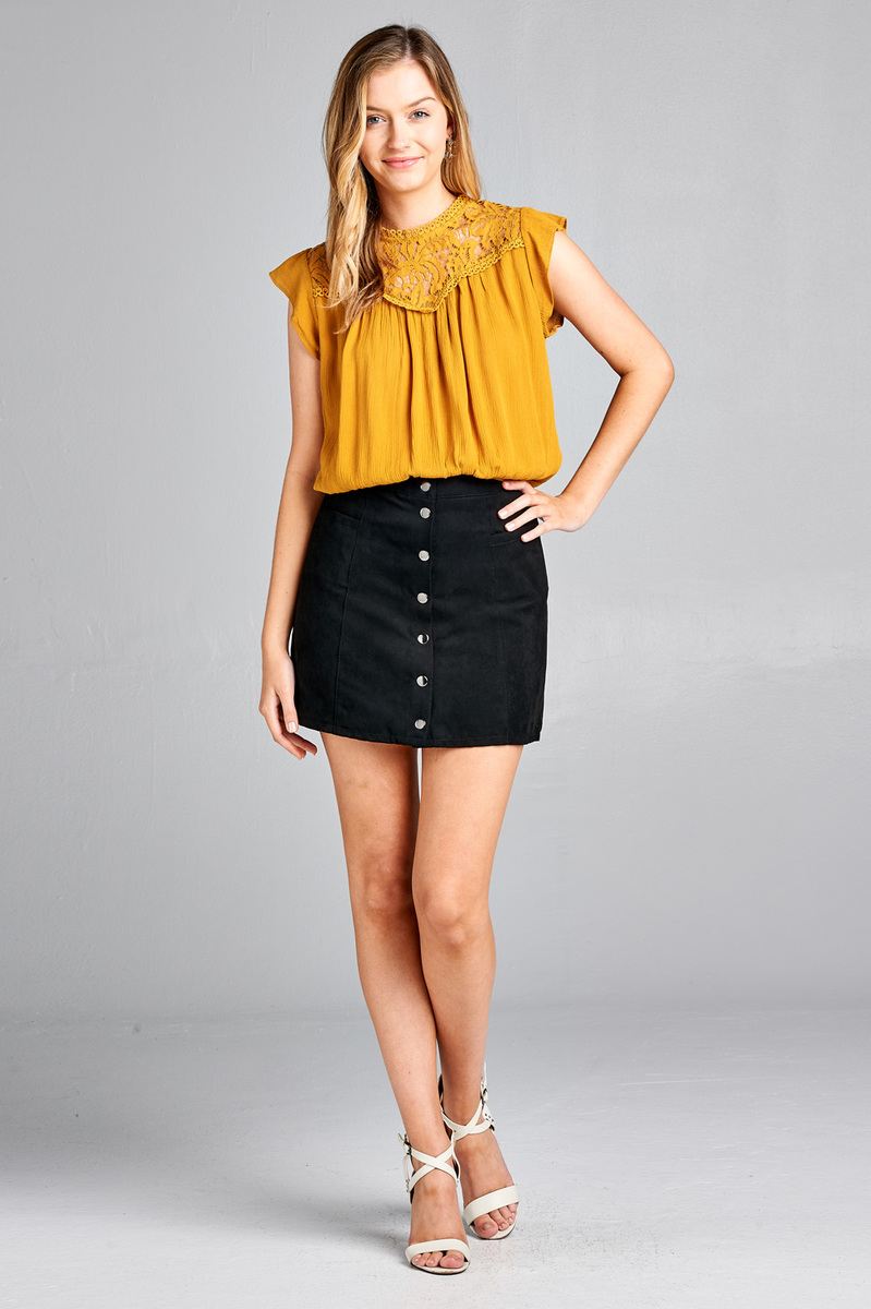 Ladies fashion ruffle sleeve front lace back button w/self tie woven top