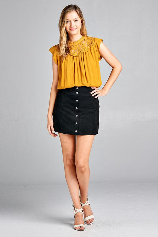 Ladies fashion ruffle sleeve front lace back button w/self tie woven top