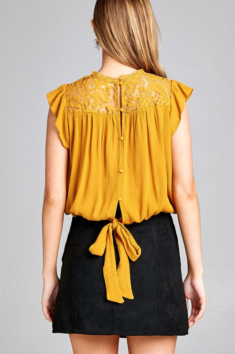 Ladies fashion ruffle sleeve front lace back button w/self tie woven top