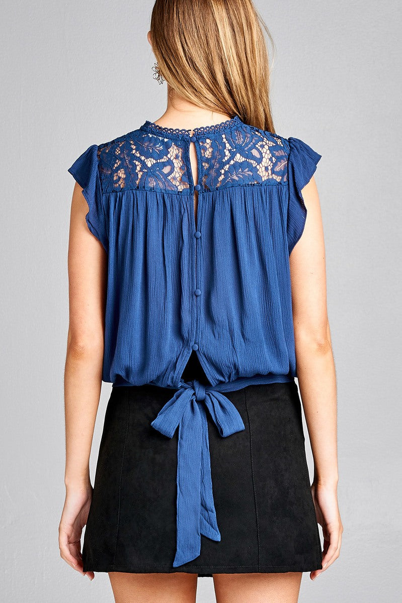 Ladies fashion ruffle sleeve front lace back button w/self tie woven top