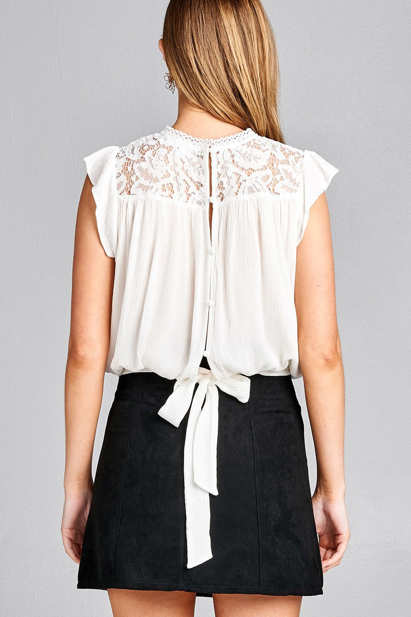 Ladies fashion ruffle sleeve front lace back button w/self tie woven top