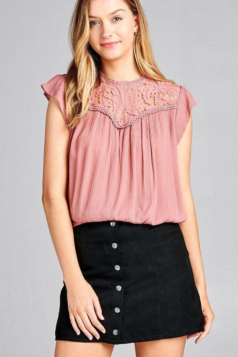 Ladies fashion ruffle sleeve front lace back button w/self tie woven top