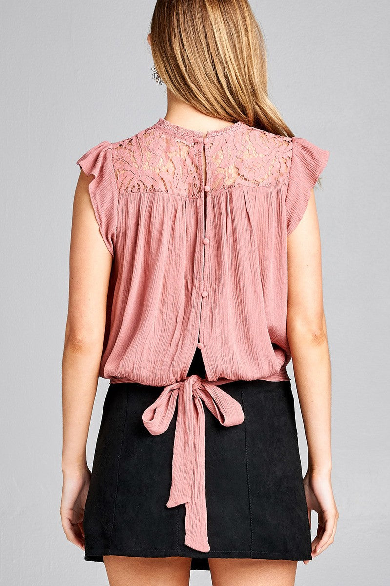 Ladies fashion ruffle sleeve front lace back button w/self tie woven top