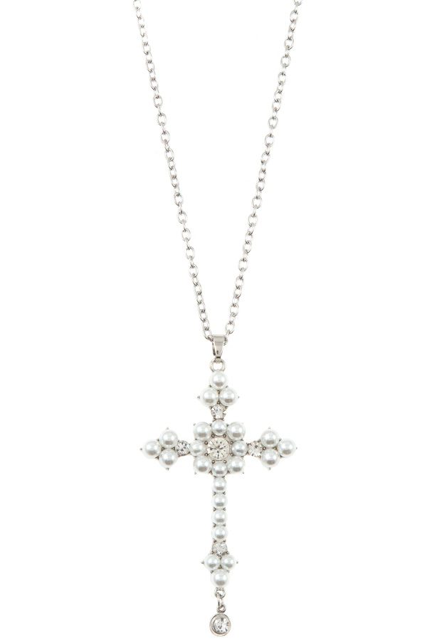 Ladies pearl accent cross pendant long necklace