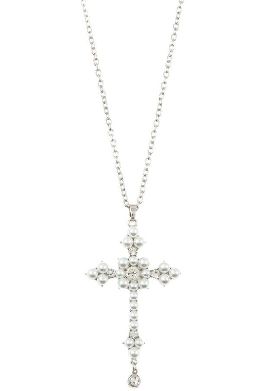 Ladies pearl accent cross pendant long necklace