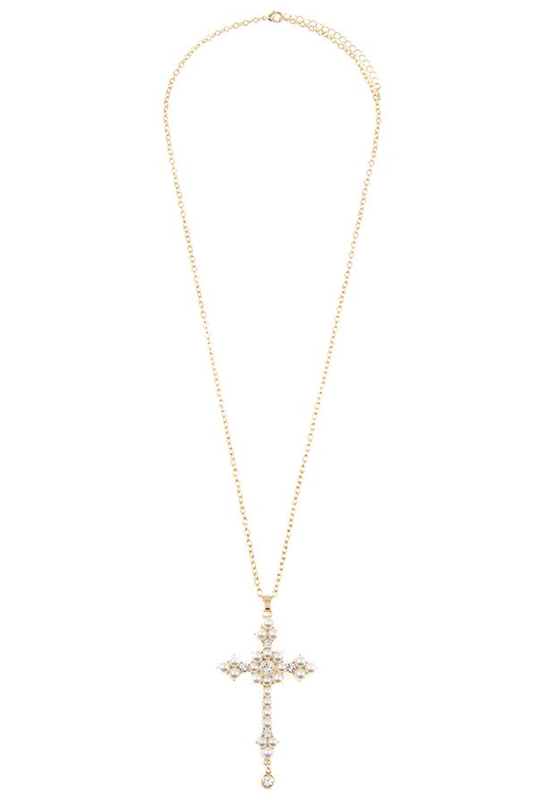 Ladies pearl accent cross pendant long necklace