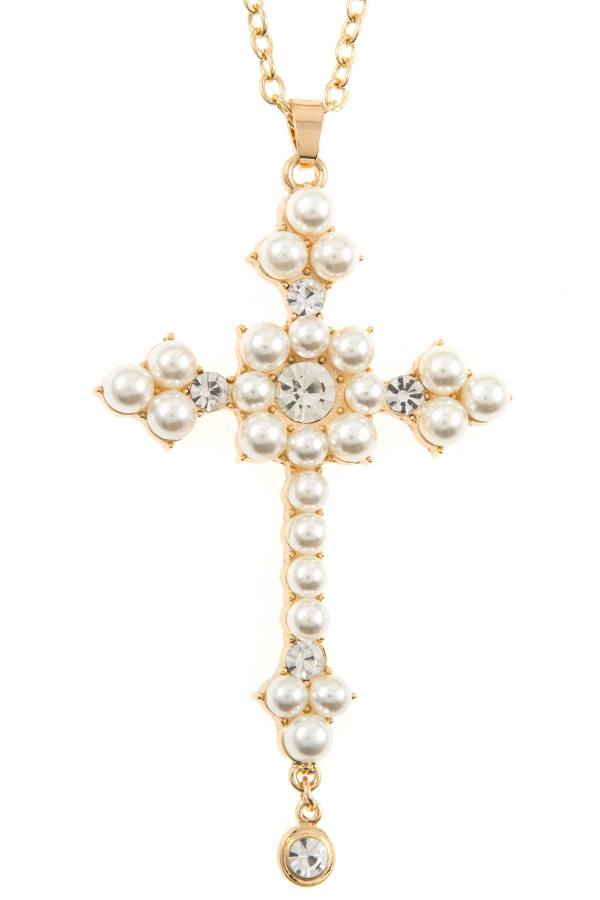 Ladies pearl accent cross pendant long necklace
