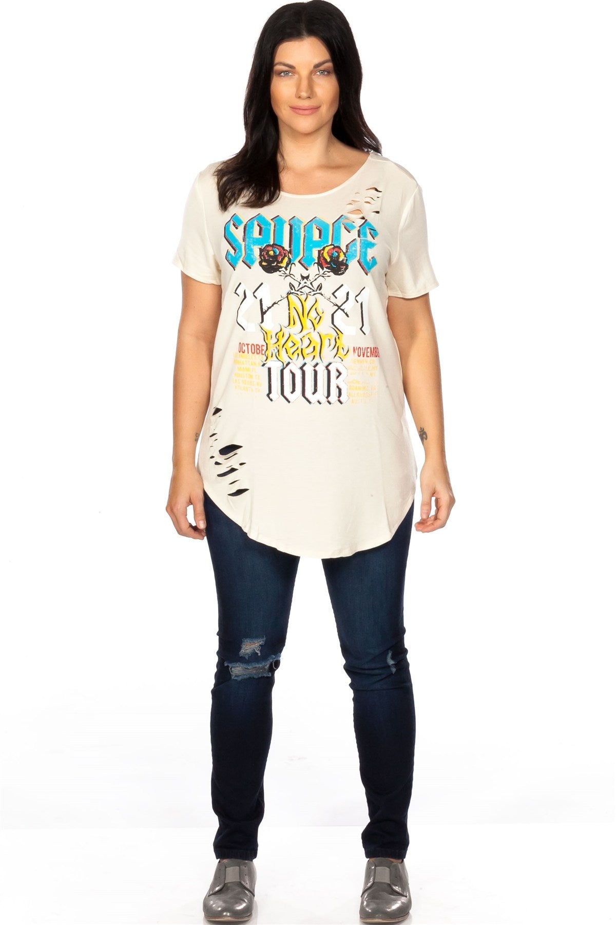 Ladies fashion plus size short sleeve off white back cut out graphic top