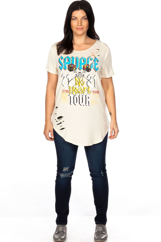Ladies fashion plus size short sleeve off white back cut out graphic top