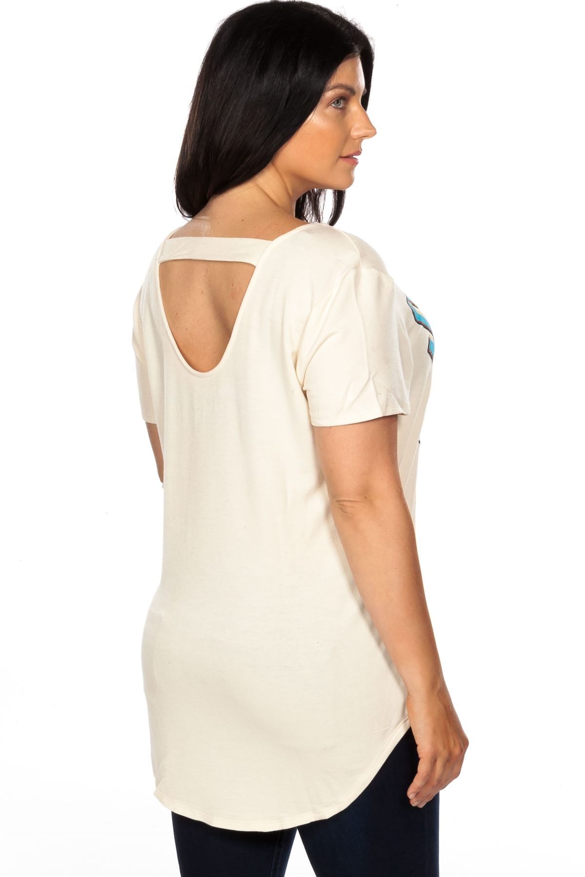 Ladies fashion plus size short sleeve off white back cut out graphic top