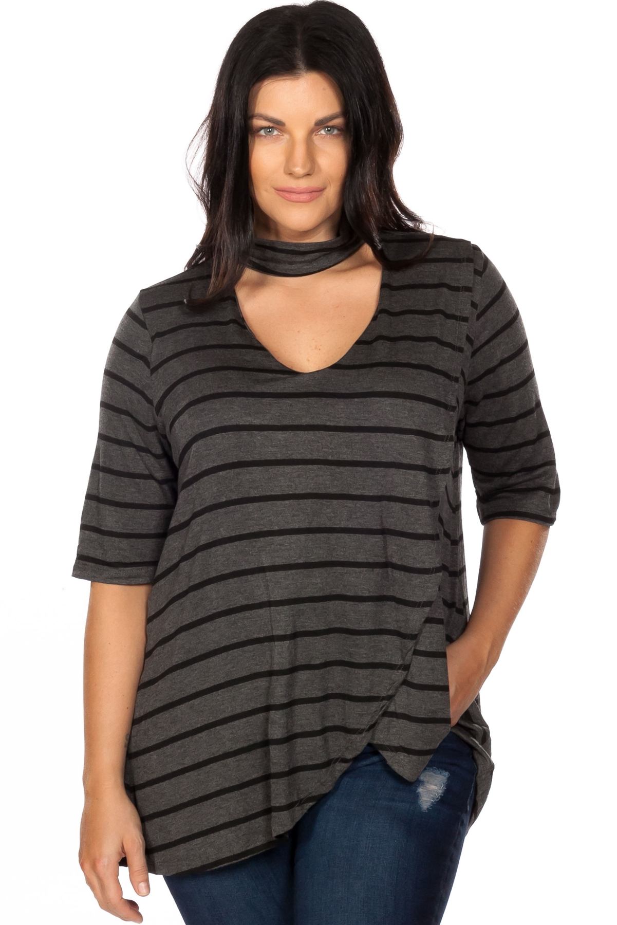 Ladies fashion plus size mock neck choker keyhole stripe asymmetric top