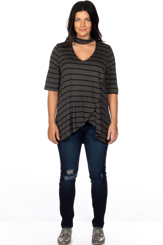 Ladies fashion plus size mock neck choker keyhole stripe asymmetric top