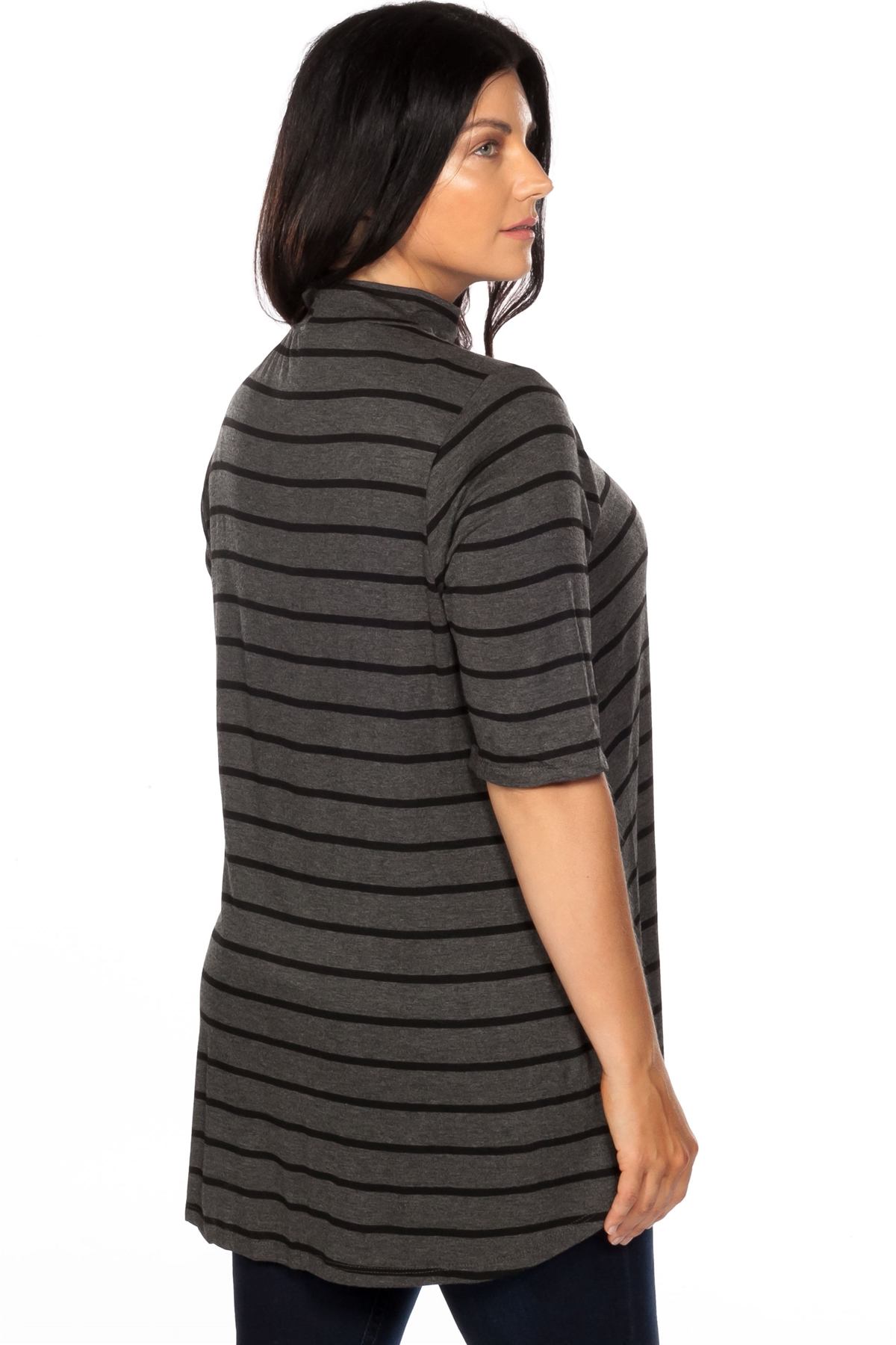 Ladies fashion plus size mock neck choker keyhole stripe asymmetric top