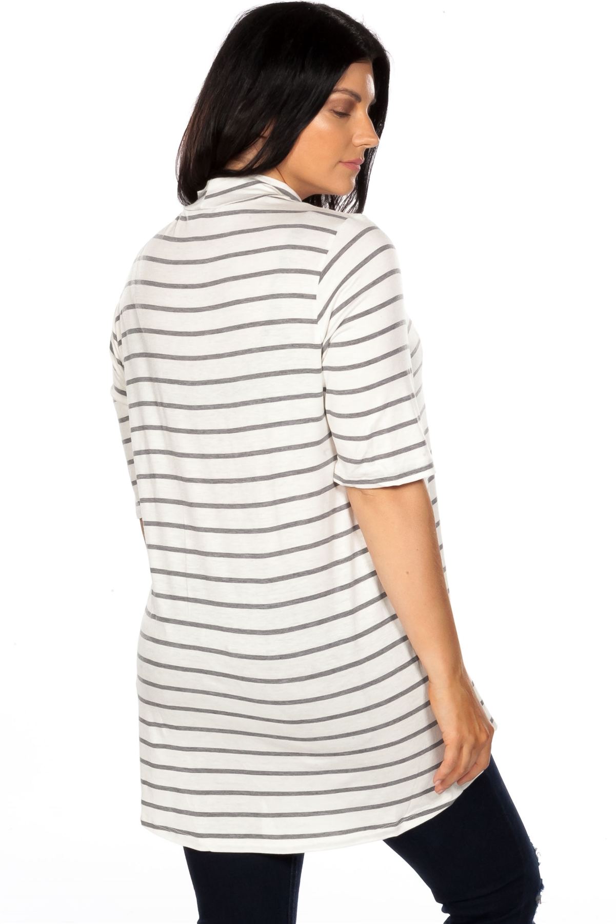 Ladies fashion plus size mock neck choker keyhole stripe asymmetric top