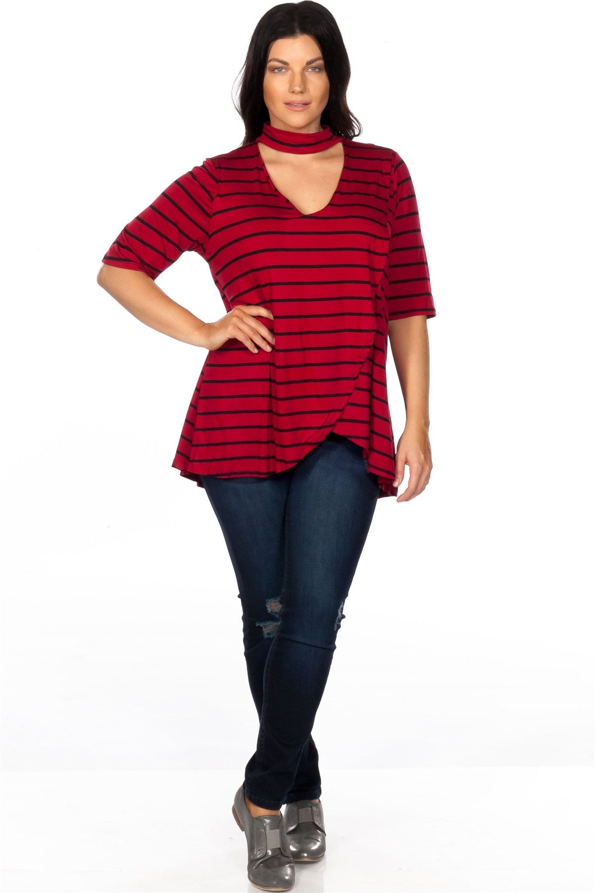 Ladies fashion plus size mock neck choker keyhole stripe asymmetric top