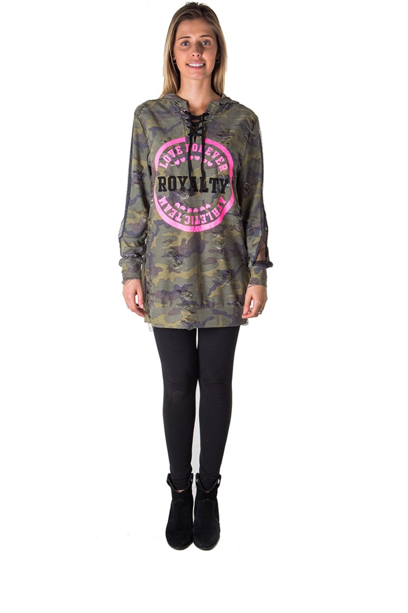Ladies fashion mesh hoody sweatshirt tunic tops with applique, distress and lace up