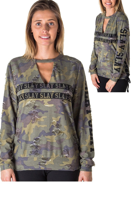Ladies fashion choker lace up distress sweatshirt top with applique