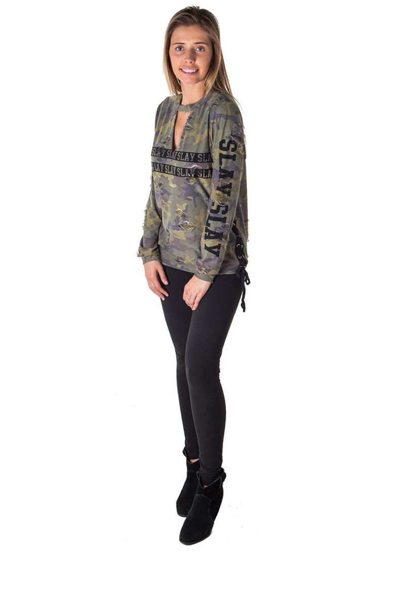 Ladies fashion choker lace up distress sweatshirt top with applique
