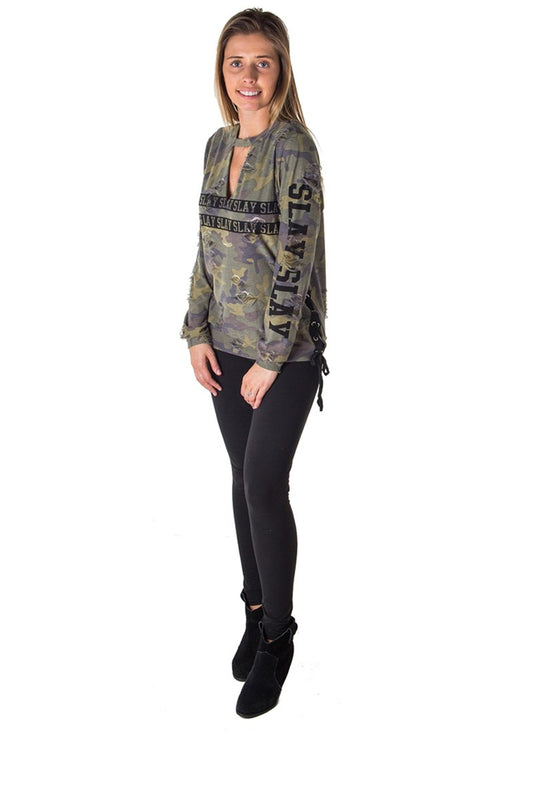 Ladies fashion choker lace up distress sweatshirt top with applique