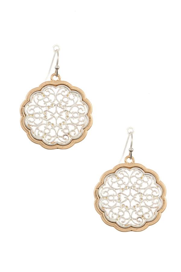 Ladies filigree two tone dangle earring
