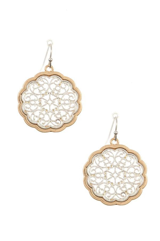 Ladies filigree two tone dangle earring